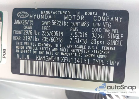 2015 Hyundai Santa Fe Gls из США, поврежденный, VIN KM8SMDHFXFU114131